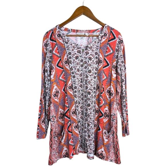LOGO Lori Goldstein Button Front Tunic Top Floral Southwest Aztec Womens 2X Boho - Picture 1 of 12